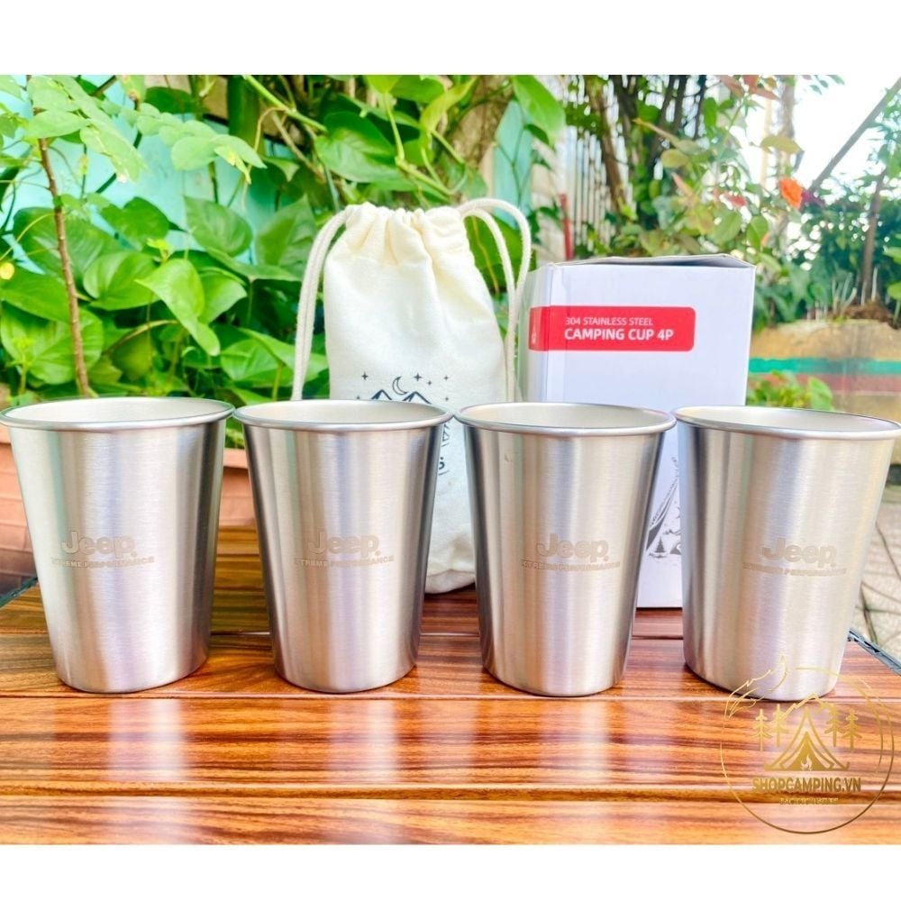 Bộ 4 ly inox 304 cao cấp 350ml có túi đựng, set ly cốc uống nước xếp gọn đi du lịch, cắm trại dã ngoại