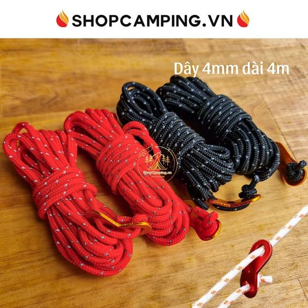  Dây dù cột lều bạt phản quang 4mm dài 4m kèm khóa nhôm,dây cột lều, dây căng dựng lều cắm trại, dã ngoại 