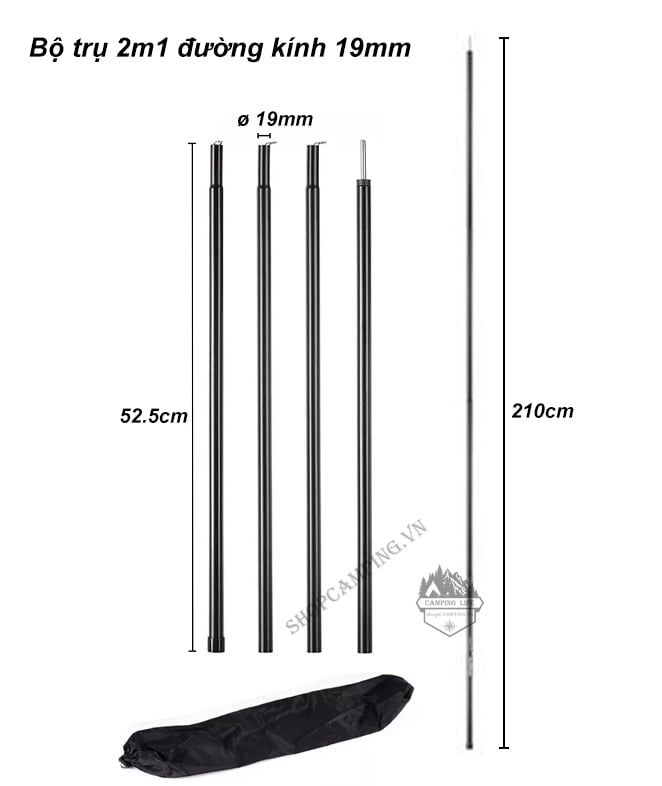 Bộ trụ 2 cây chống tăng lều phi 16mm,19mm, 25mm kèm túi đựng cắm trại dã ngoại