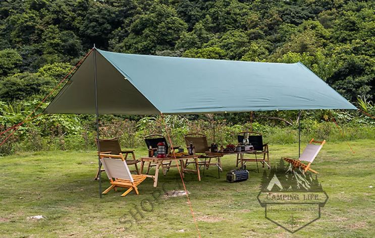 Bộ tăng /tarp bạt che xanh lá, Xanh dương kèm trụ sắt 3x3m/3x4m/3x5m dành cho cắm trại dã ngoại