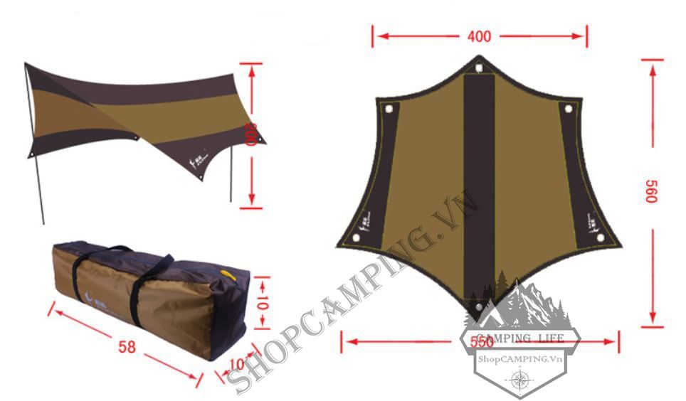 Bộ tăng /tarp Flytop bạt che kèm trụ sắt 5m6*5m5*cao 2m