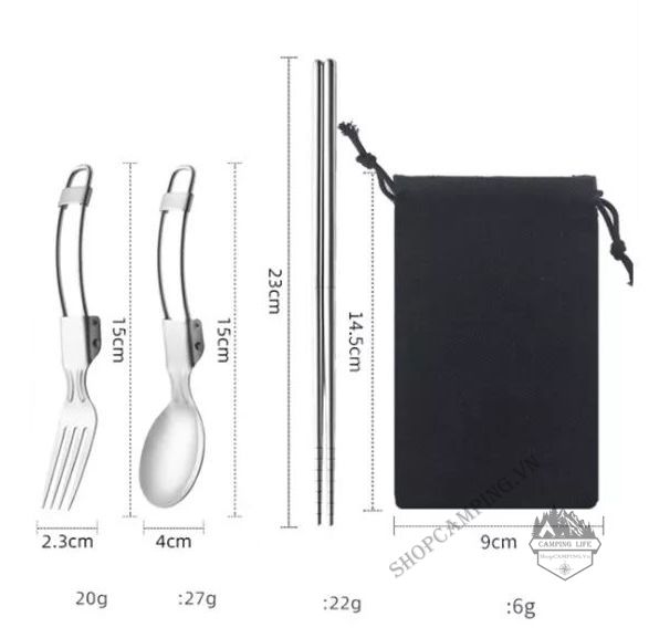 Bộ dao muỗng nĩa inox 304 xịn (nam châm không hít), muỗng nĩa dao gấp gọn có túi vải đi kèm