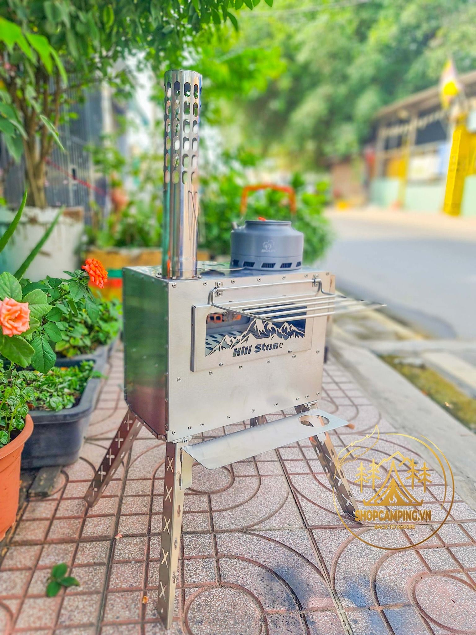 Lò sưởi, bếp sưởi củi Inox 304 có khay nướng dành cho cắm trại dã ngoại