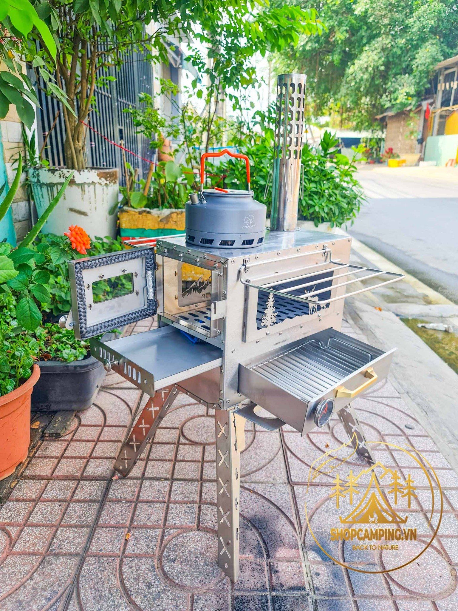 Lò sưởi, bếp sưởi củi Inox 304 có khay nướng dành cho cắm trại dã ngoại