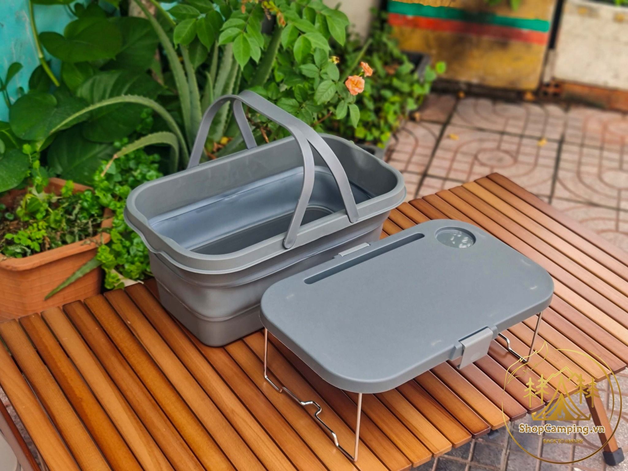 Giỏ nhựa gấp gọn, thùng đựng đồ kèm mặt bàn, hộp nhựa xếp gọn du lịch, cắm trại dã ngoại