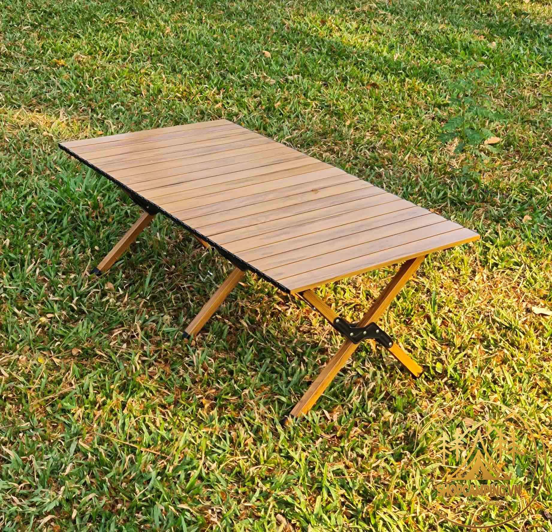 Bàn nhôm vân gỗ gấp gọn 1m2, Bàn xếp gọn cắm trại dã ngoại