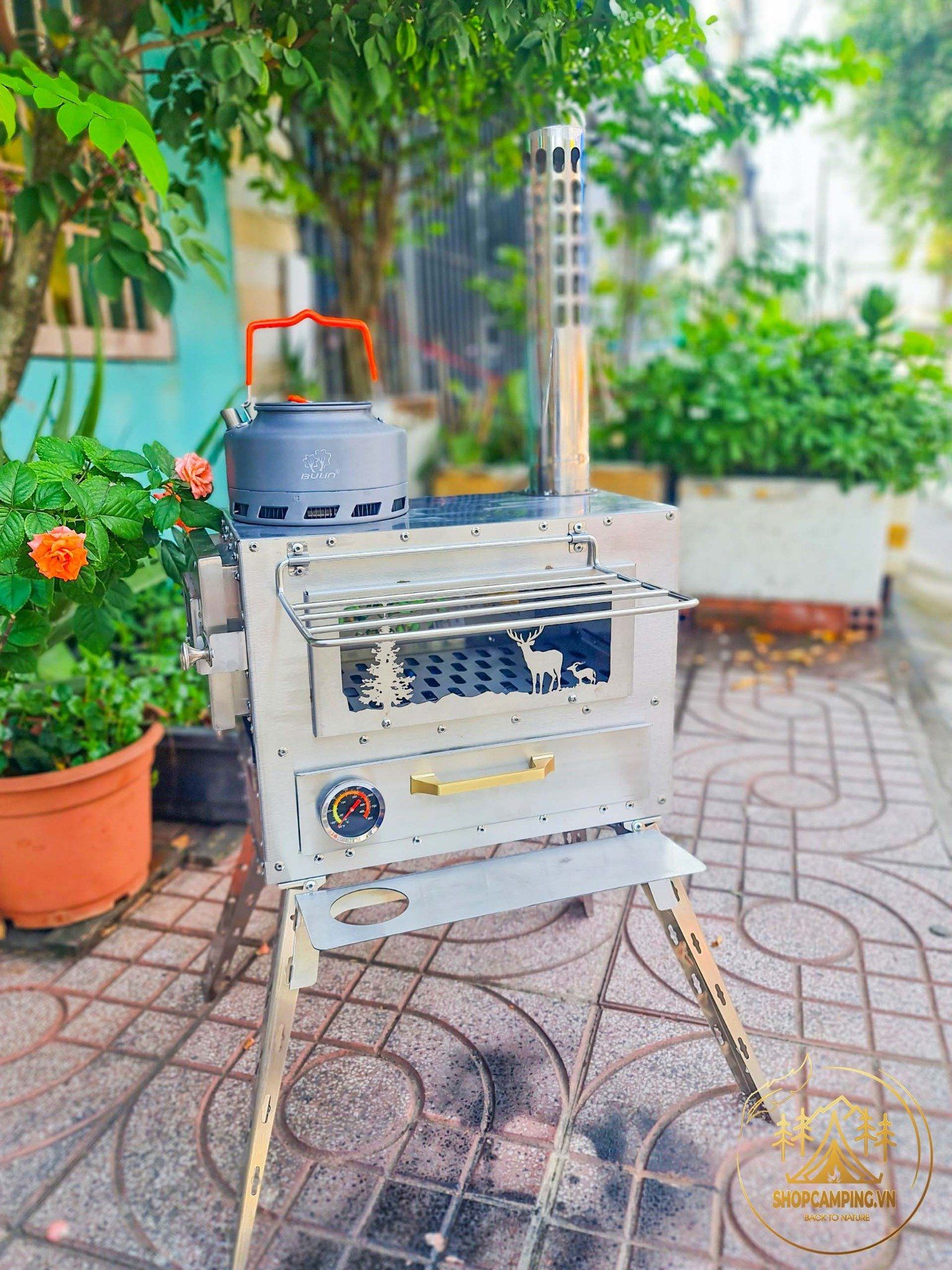 Lò sưởi, bếp sưởi củi Inox 304 có khay nướng dành cho cắm trại dã ngoại
