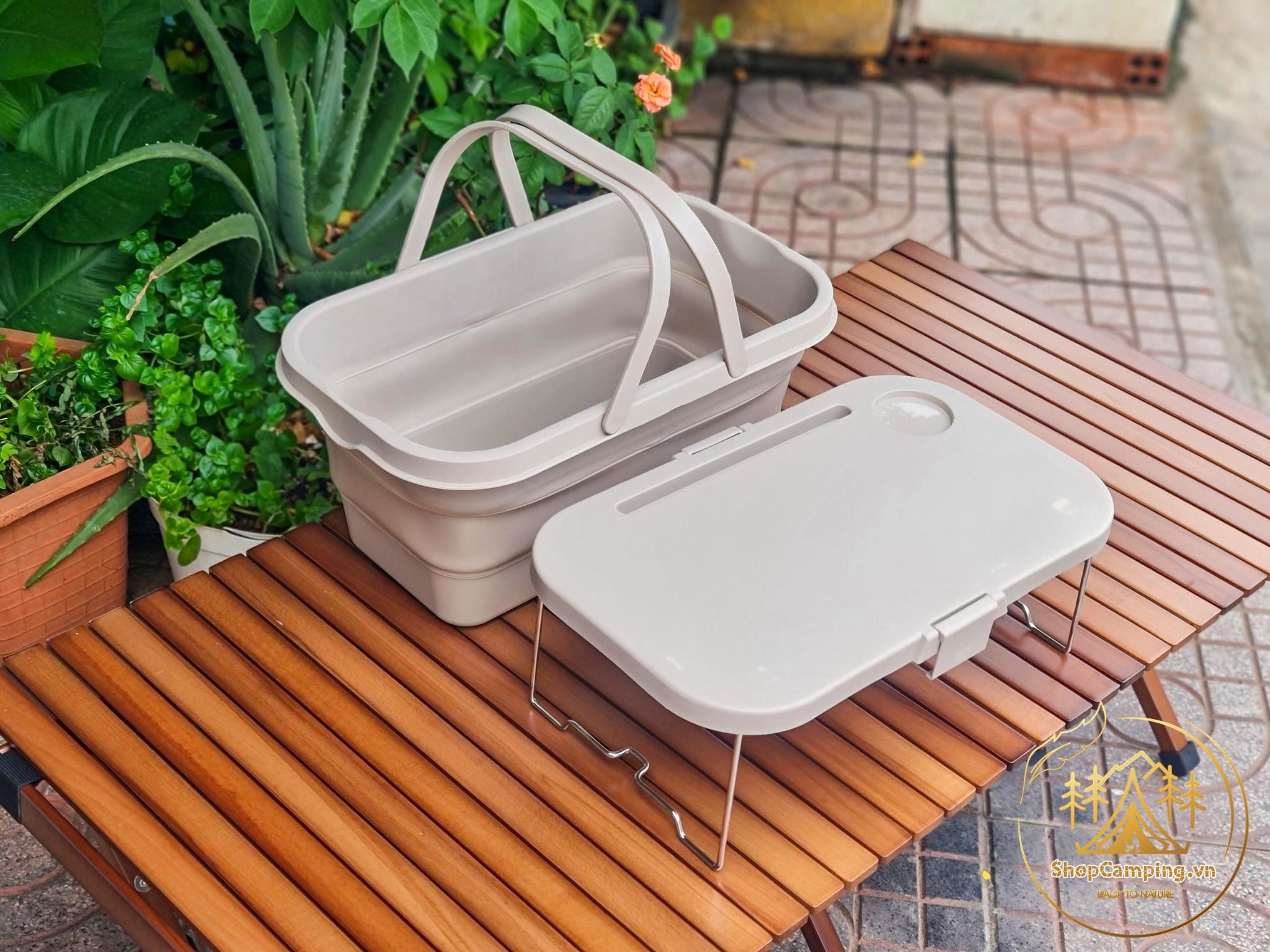 Giỏ nhựa gấp gọn, thùng đựng đồ kèm mặt bàn, hộp nhựa xếp gọn du lịch, cắm trại dã ngoại