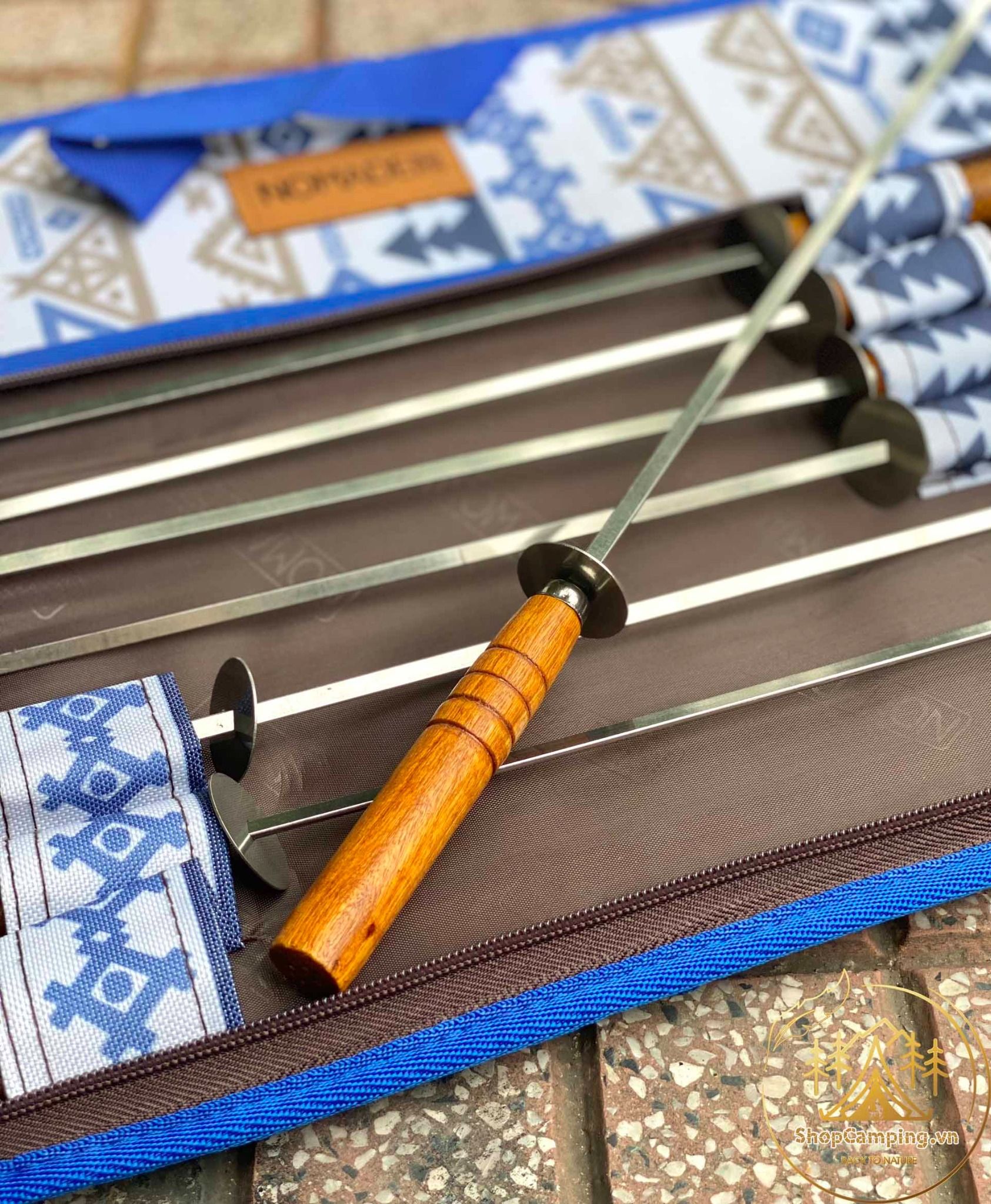 Bộ xiên nướng inox 304 7 món cao cấp, set 7 xiên nướng tay cầm gỗ, que xiên nướng thịt, rau củ