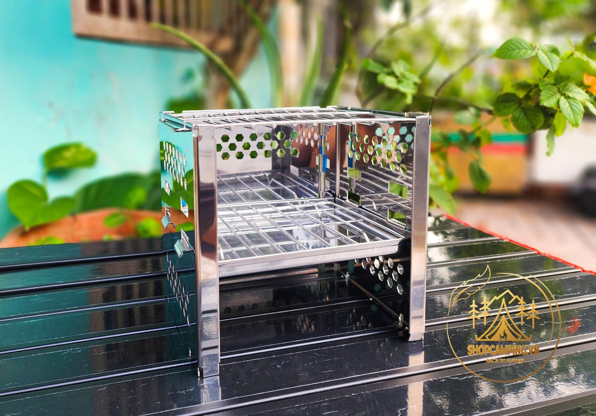 Bếp củi dã ngoại inox, bếp than xếp gọn du lịch, cắm trại