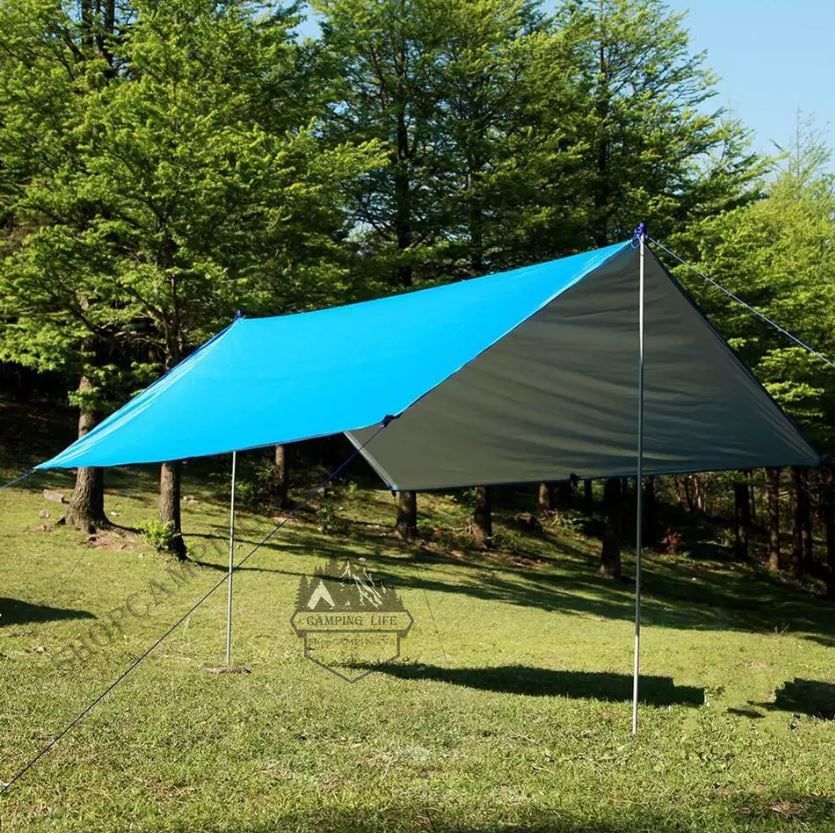 Bộ tăng /tarp bạt che xanh lá, Xanh dương kèm trụ sắt 3x3m/3x4m/3x5m dành cho cắm trại dã ngoại