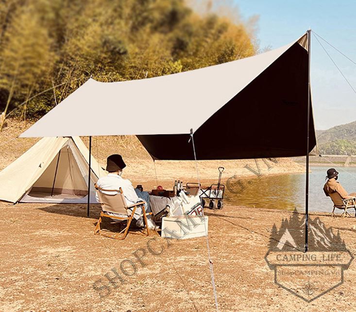 Bộ tăng /tarp bạt che tấm nền phủ đen kèm trụ sắt 3x4m/3x5m dành cho cắm trại dã ngoại