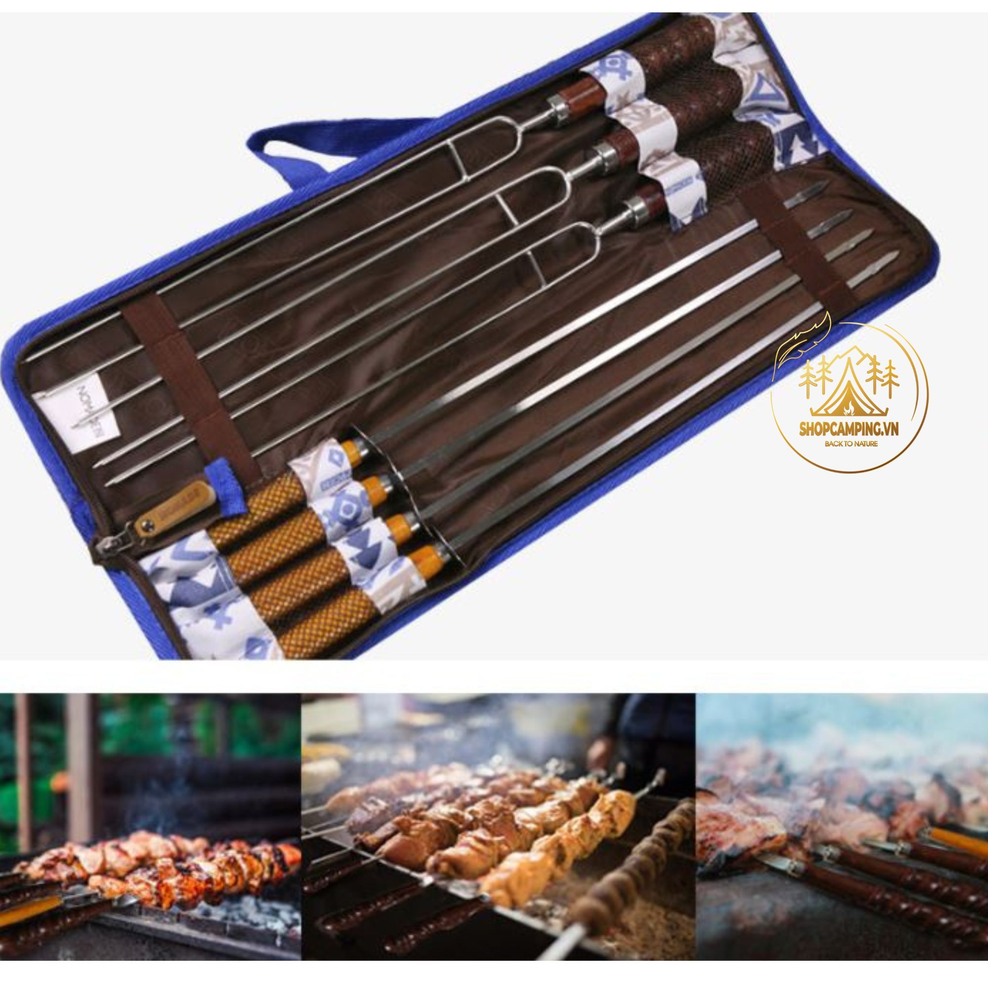 Bộ xiên nướng inox 304 7 món cao cấp, set 7 xiên nướng tay cầm gỗ, que xiên nướng thịt, rau củ