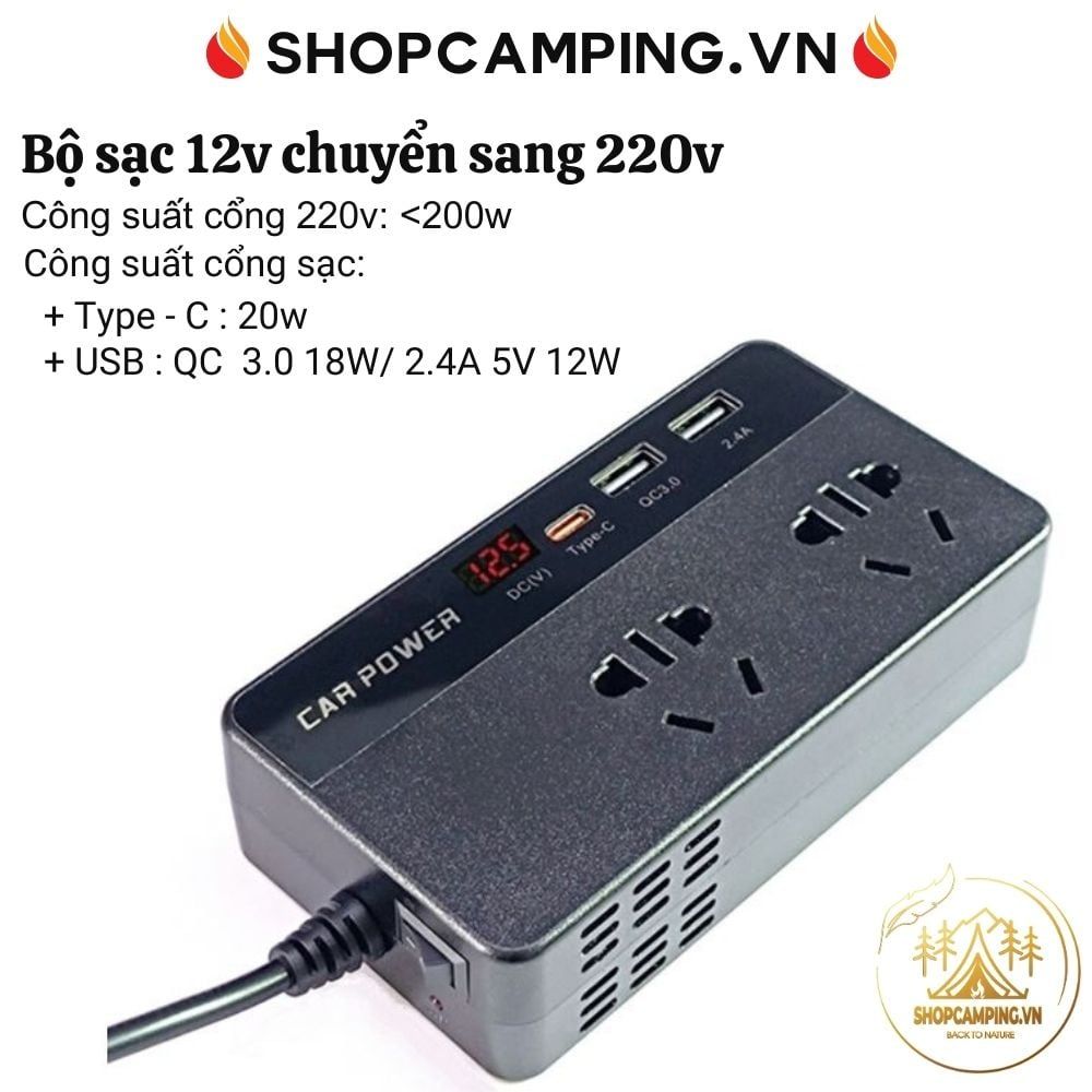 Bộ sạc điện thoại, sạc oto tích hợp inverter 12v sang 220v 200w