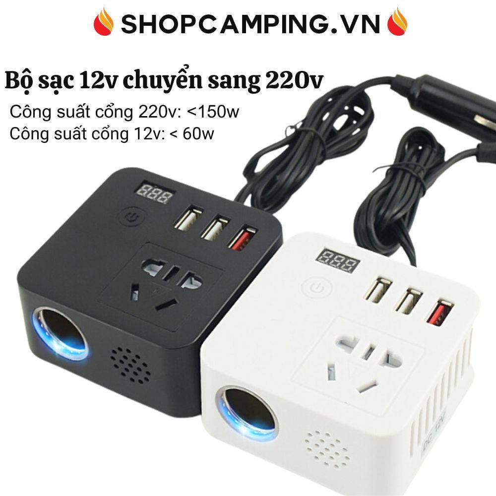 Bộ sạc điện điện thoại tích hợp inverter 12v sang 220v có sạc nhanh QC3.0 xe hơi