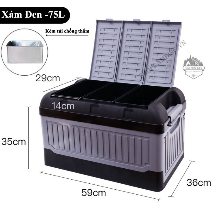 Thùng đựng đồ gấp gọn dung tích 75L, giữ được nước, siêu bền, đựng đồ trên xe hơi, cắm trại dã ngoại ( kèm túi chống thấm)
