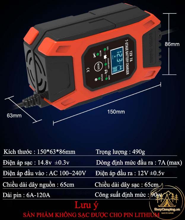 Sạc bình ắc quy 6Ah - 120Ah FOXSUR 7A tự ngắt khi đầy. Phục hồi ắc quy. Khử sunfat chống ngược cực