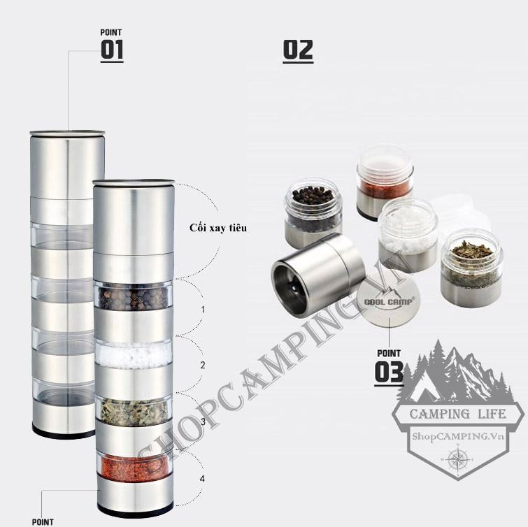 Hộp đựng gia vị 4 tầng Coolcamp kèm đầu xay tiêu bằng tay tích hợp tiện ích