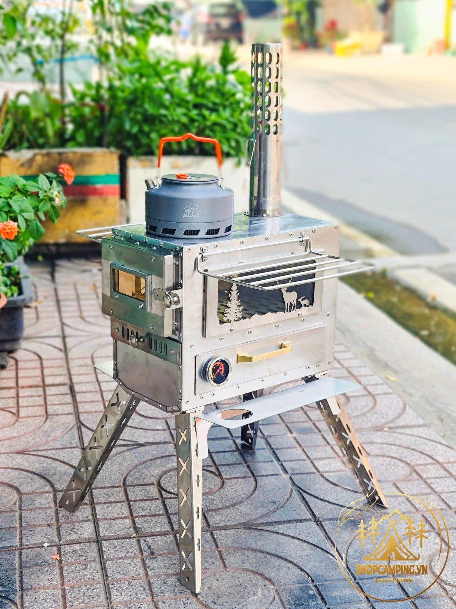 Lò sưởi, bếp sưởi củi Inox 304 có khay nướng dành cho cắm trại dã ngoại