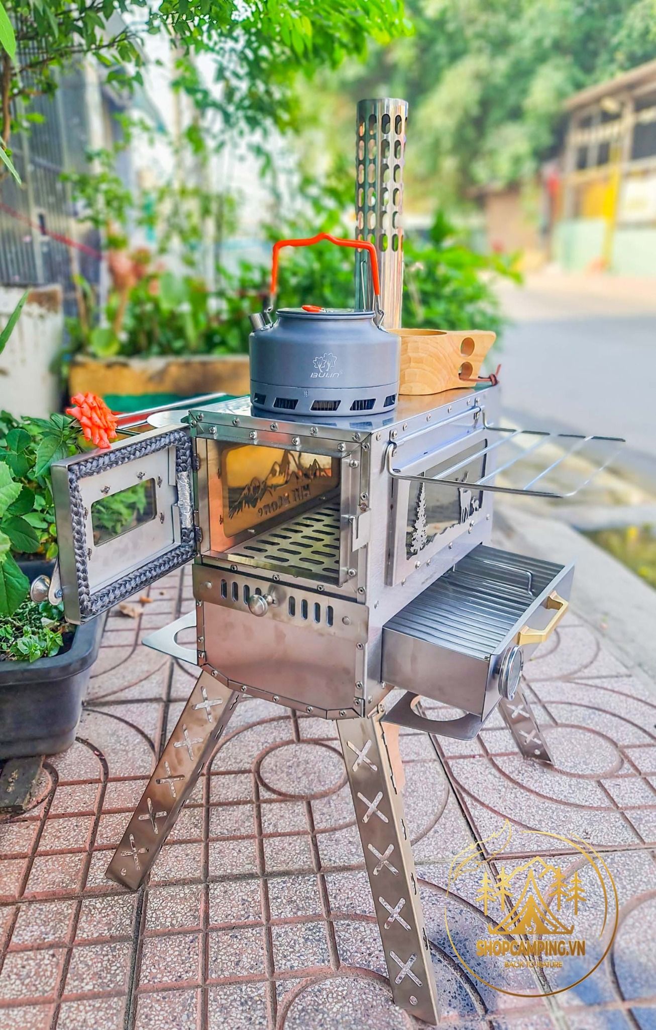 Lò sưởi, bếp sưởi củi Inox 304 có khay nướng dành cho cắm trại dã ngoại