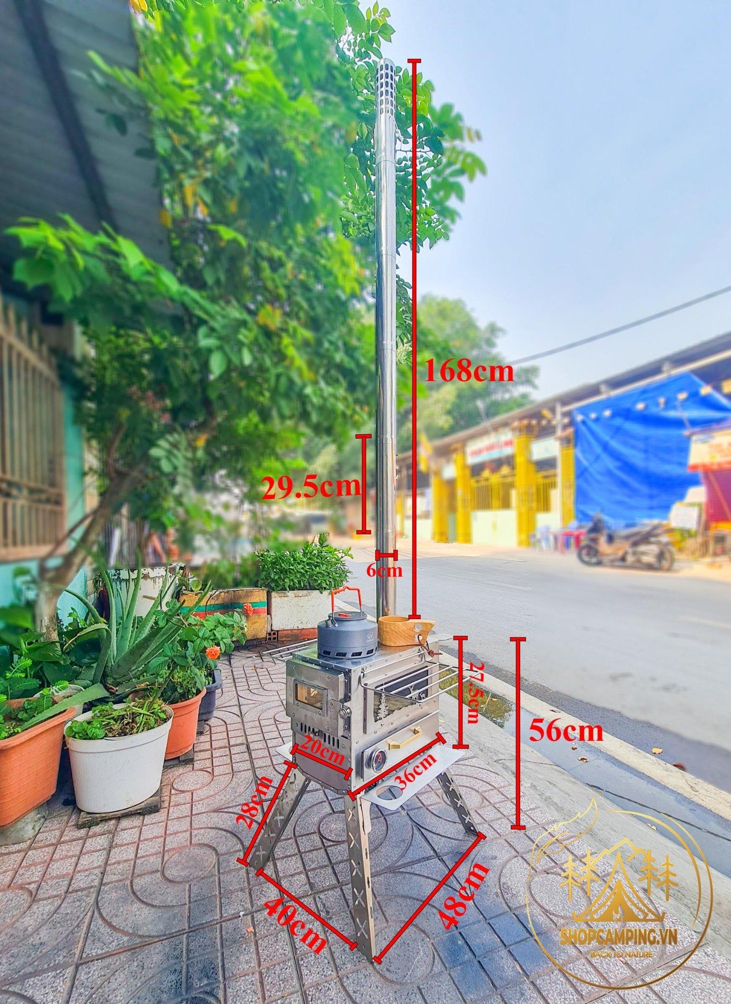 Lò sưởi, bếp sưởi củi Inox 304 có khay nướng dành cho cắm trại dã ngoại