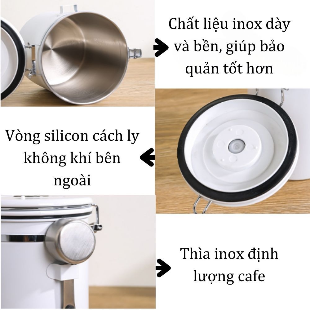 Hộp đựng cà phê inox 304 có theo dõi ngày lưu, van xả CO2 kèm muỗng định lượng