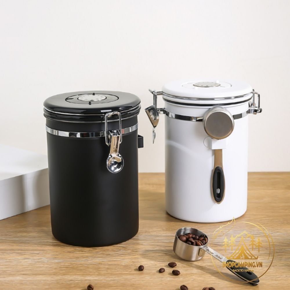 Hộp đựng cà phê inox 304 có theo dõi ngày lưu, van xả CO2 kèm muỗng định lượng