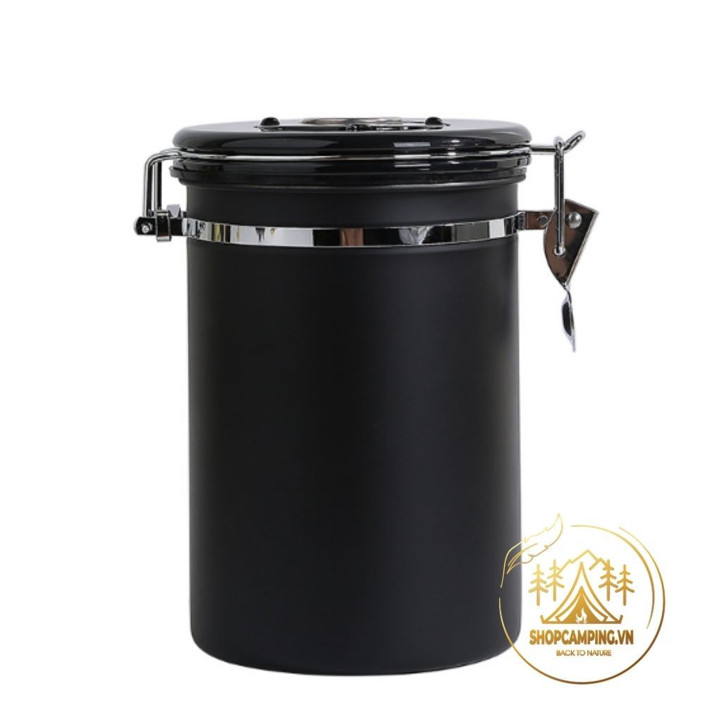 Hộp đựng cà phê inox 304 có theo dõi ngày lưu, van xả CO2 kèm muỗng định lượng