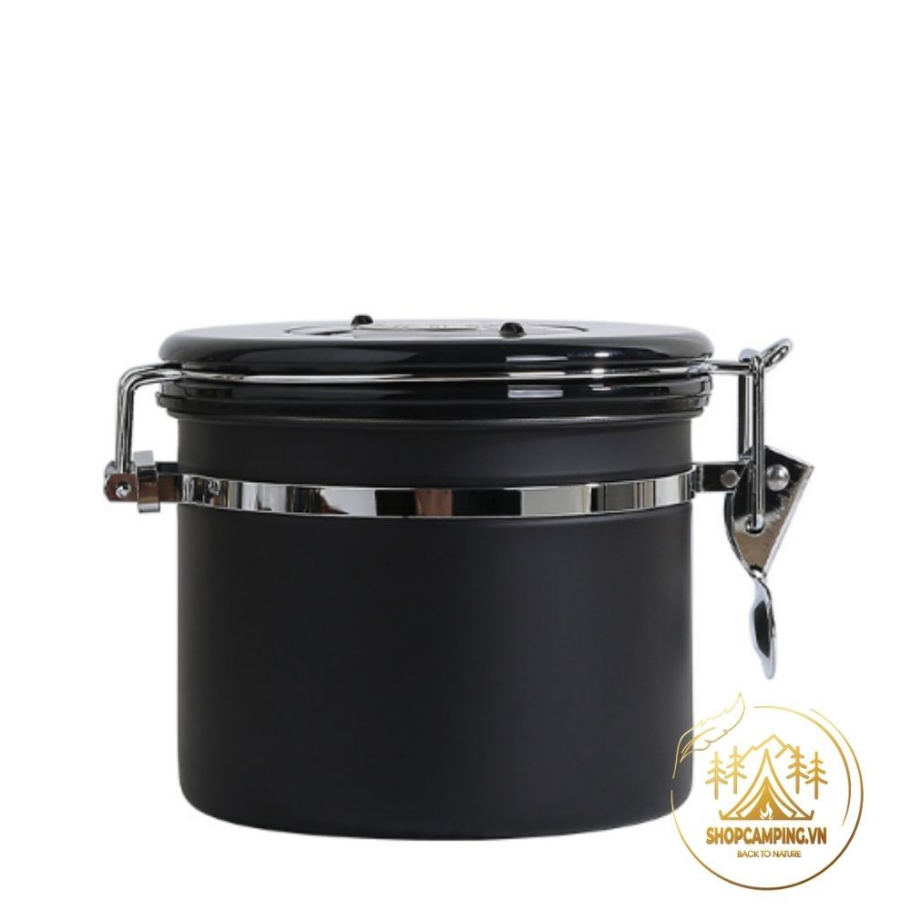 Hộp đựng cà phê inox 304 có theo dõi ngày lưu, van xả CO2 kèm muỗng định lượng