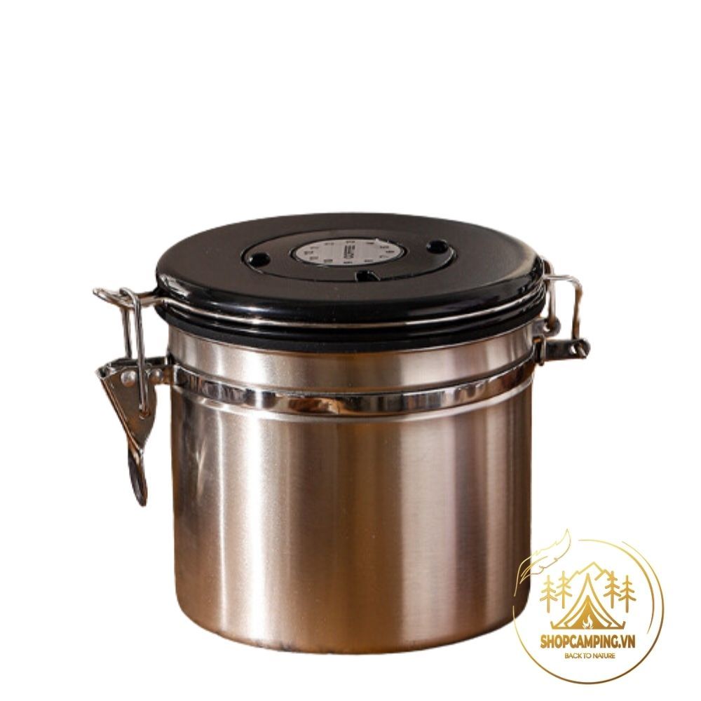 Hộp đựng cà phê inox 304 có theo dõi ngày lưu, van xả CO2 kèm muỗng định lượng