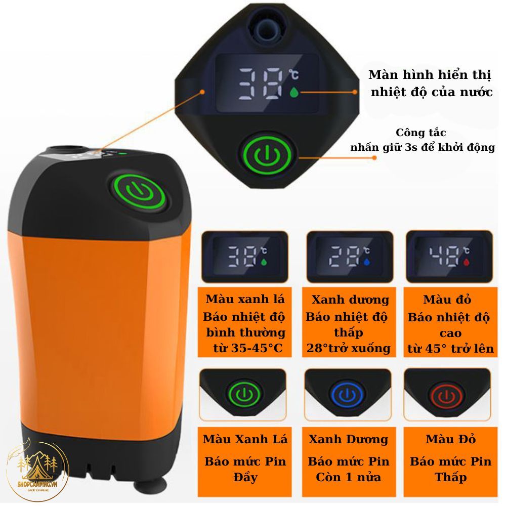 Vòi sen dã ngoại pin xạc dung lượng 4500 mAh, vòi sen tắm có đồng hồ nhiệt độ dùng cho cắm trại dã ngoại