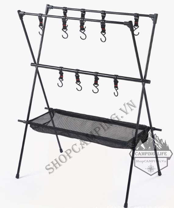 Giá treo đồ cắm trại gấp gọn 12 móc hợp kim nhôm, cây treo đồ dã ngoại có kệ lưới xếp gọn