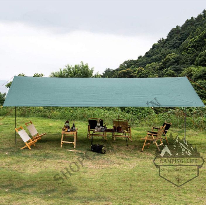 Bộ tăng /tarp bạt che xanh lá, Xanh dương kèm trụ sắt 3x3m/3x4m/3x5m dành cho cắm trại dã ngoại
