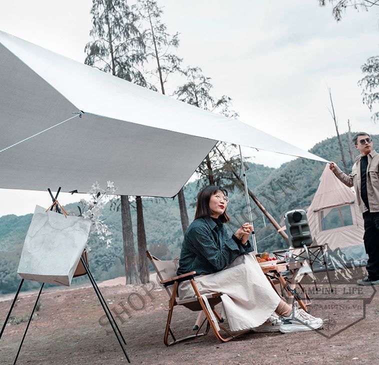 Bộ tăng /tarp bạt che xám kèm trụ sắt 3x5m dành cho cắm trại dã ngoại