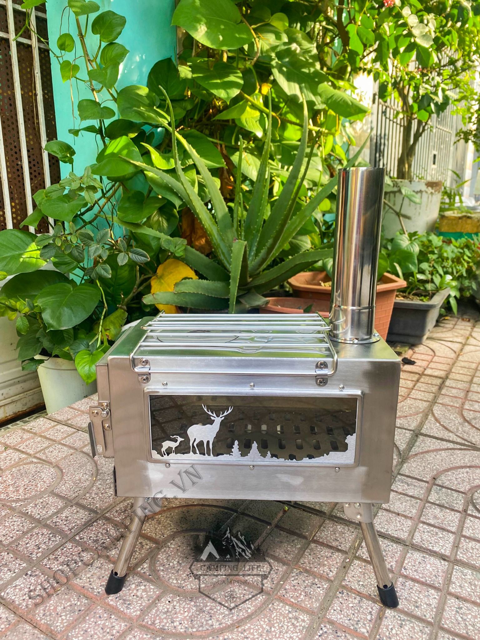 Lò sưởi, bếp sưởi củi Inox dành cho cắm trại dã ngoại