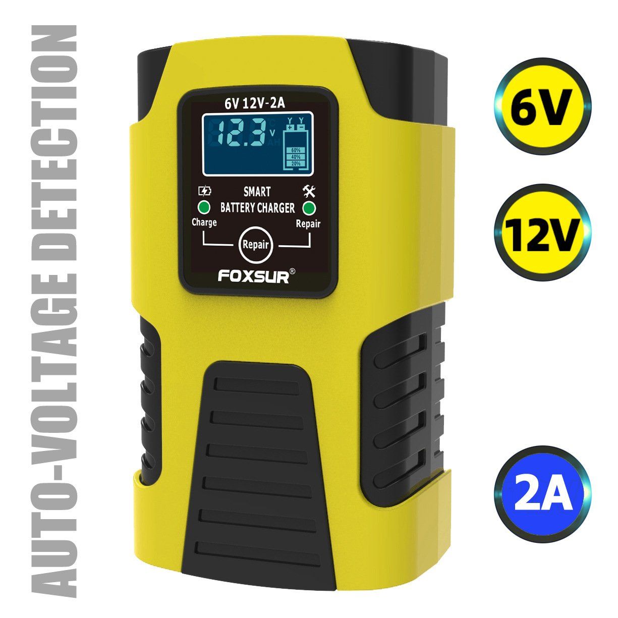 Sạc bình ắc quy 6V 12V dải Pin 4Ah - 40Ah FOXSUR dòng sạc 2A, tự ngắt khi đầy, phục hồi ắc quy khử sunfat, chống ngược cực