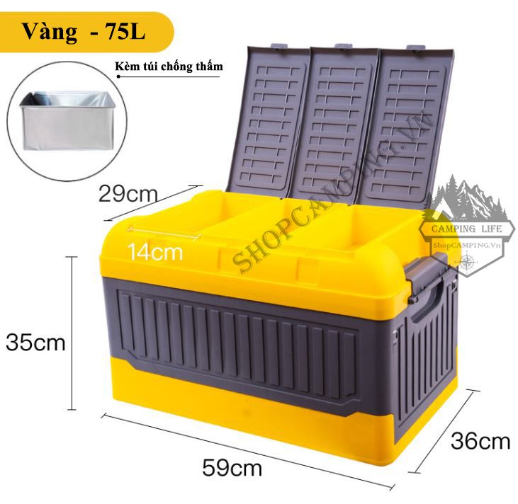 Thùng đựng đồ gấp gọn dung tích 75L, giữ được nước, siêu bền, đựng đồ trên xe hơi, cắm trại dã ngoại ( kèm túi chống thấm)