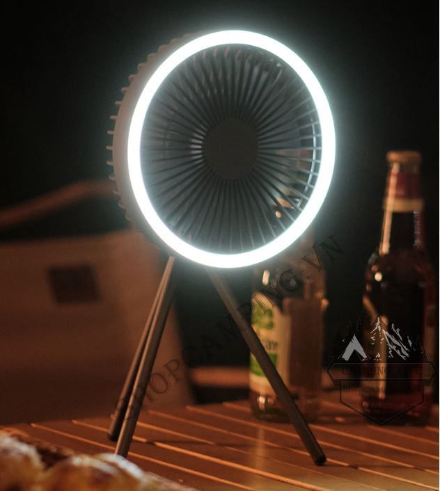 Quạt treo lều, quạt tích điện đa năng có đèn led 3 chân để bàn, hẹn giờ tiện dụng