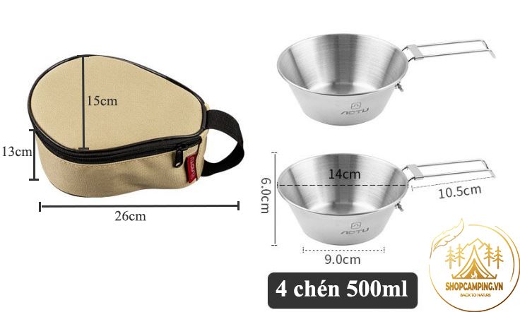 Chén inox 304 gấp gọn (set 4 chén)kèm túi đựng Aotu, bộ chén inox xếp gọn dành cho dã ngoại cắm trại