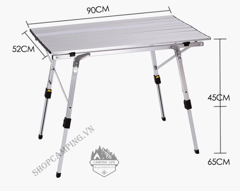 Bàn nhôm xếp gọn chân rút màu Bạc điều chỉnh độ cao phù hợp với địa hình, bàn dã ngoại cao cấp