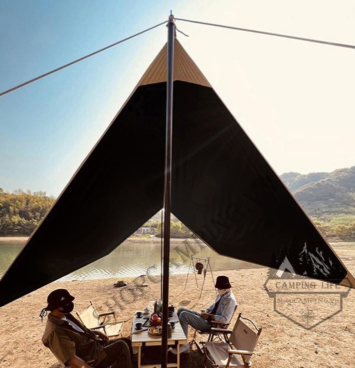 Bộ tăng /tarp bạt che tấm nền phủ đen kèm trụ sắt 3x4m/3x5m dành cho cắm trại dã ngoại