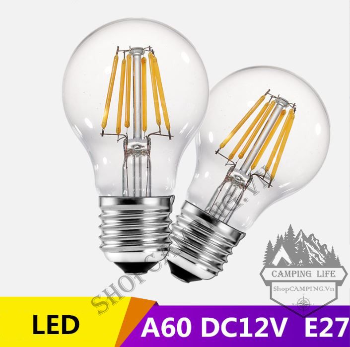 Bóng đèn led Edison A60 công suất 6w dc12v, bóng led ánh sáng vàng đui e27 chống ngược cực