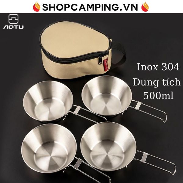  Chén inox 304 gấp gọn (set 4 chén)kèm túi đựng Aotu, bộ chén inox xếp gọn dành cho dã ngoại cắm trại 