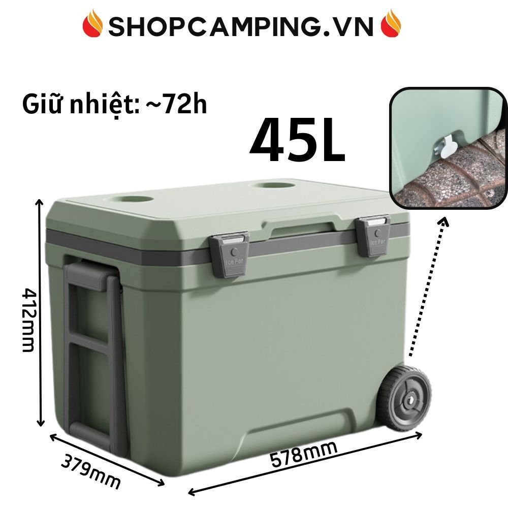 Thùng đá giữ nhiệt 45L có bánh xe kéo, thùng đựng đá, thùng giữ nhiệt du lịch, cắm trại dã ngoại