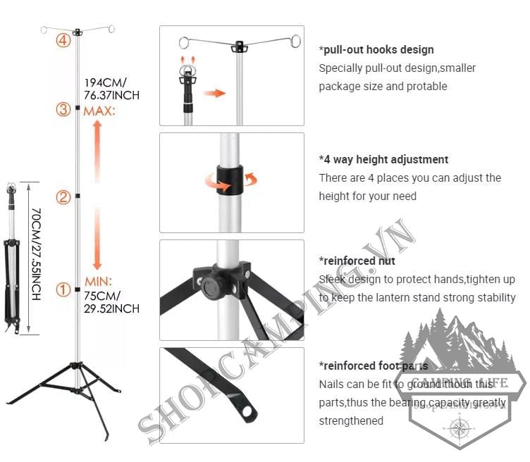 Trụ đèn 3 chân đa năng hợp kim nhôm 2 móc treo dành cho cắm trại dã ngoại