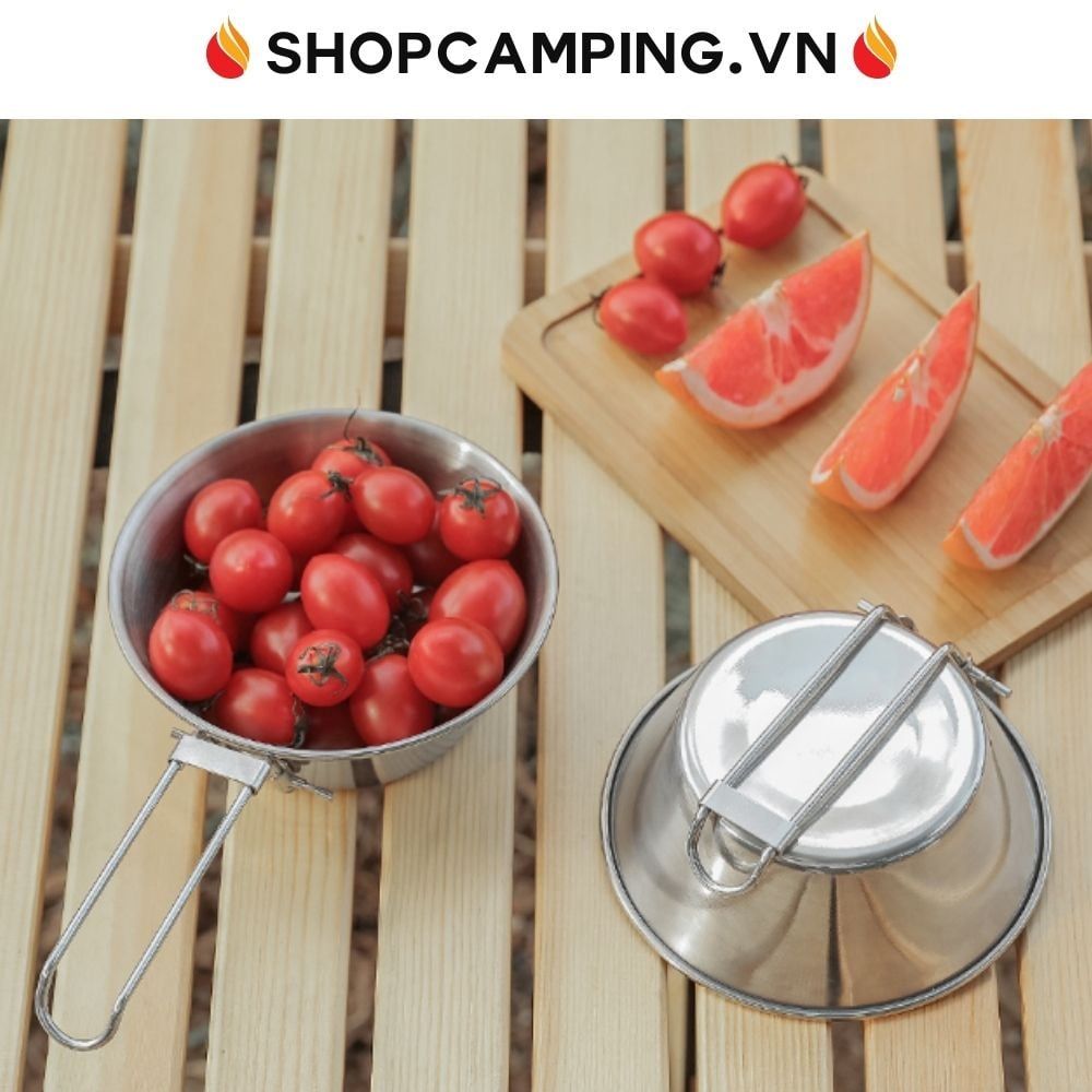 Chén inox gấp gọn, bát inox 304 có tay cầm gấp gọn, bát ăn dã ngoại, phượt, du lịch, cắm trại