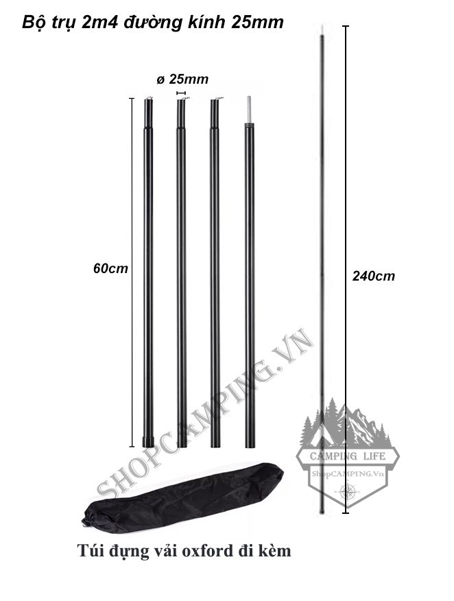 Bộ trụ 2 cây chống tăng lều phi 16mm,19mm, 25mm kèm túi đựng cắm trại dã ngoại