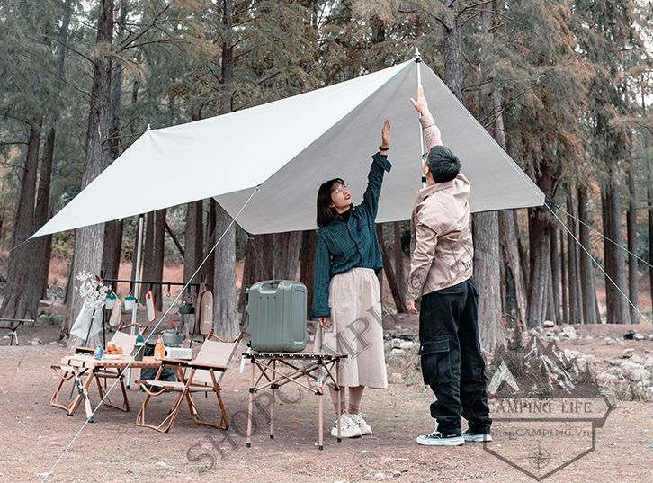 Bộ tăng /tarp bạt che xám kèm trụ sắt 3x5m dành cho cắm trại dã ngoại