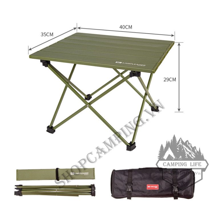 Bàn nhôm gấp gọn dã ngoại, cắm trại phong cách lính, màu xanh rêu hãng CampLeader