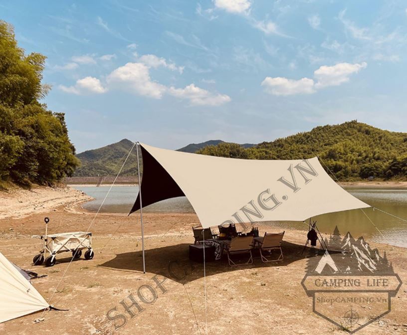 Bộ tăng /tarp bạt che tấm nền phủ đen kèm trụ sắt 3x4m/3x5m dành cho cắm trại dã ngoại
